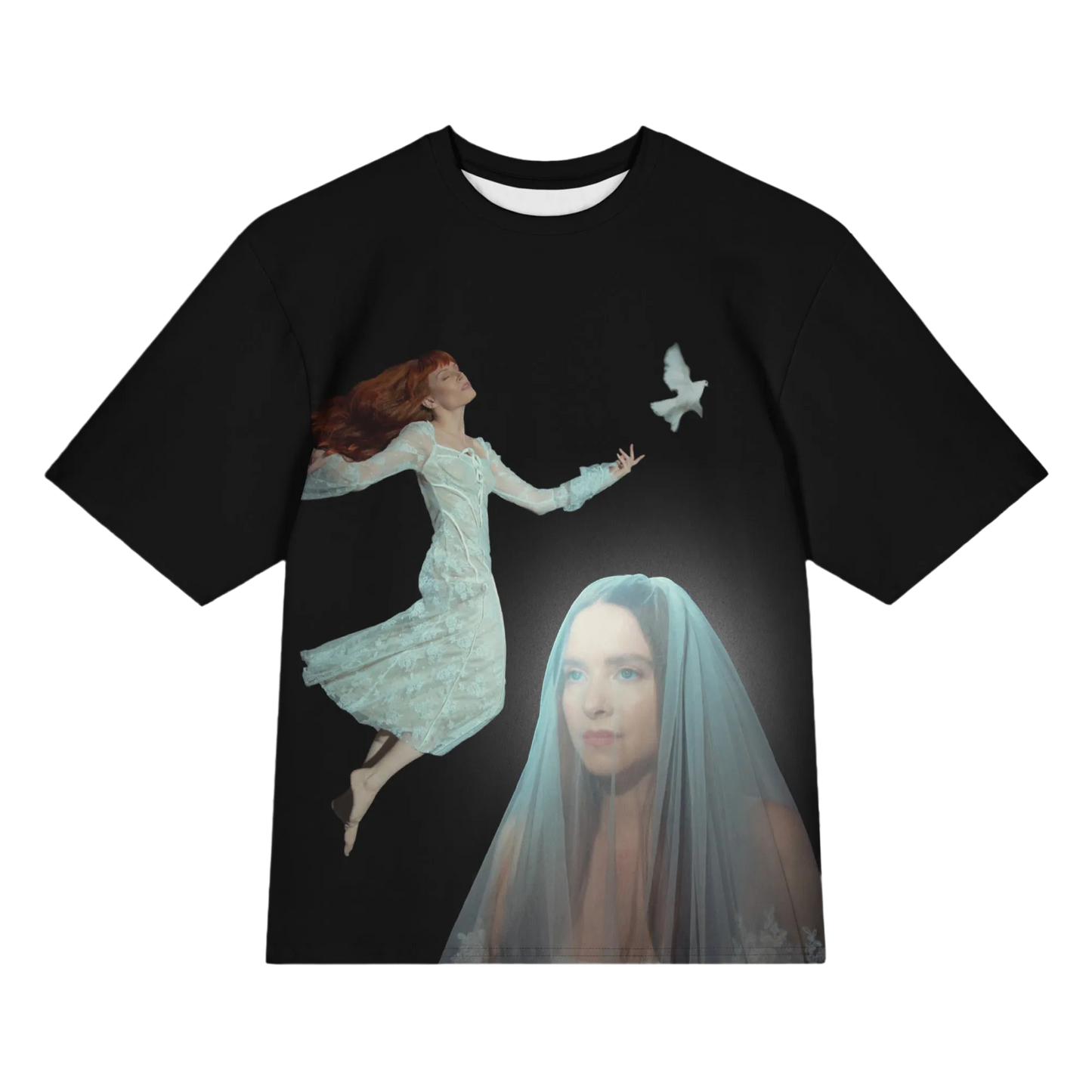 Black t-shirt with artistic design of a woman flying with a white dove and a woman with a veil on a black background