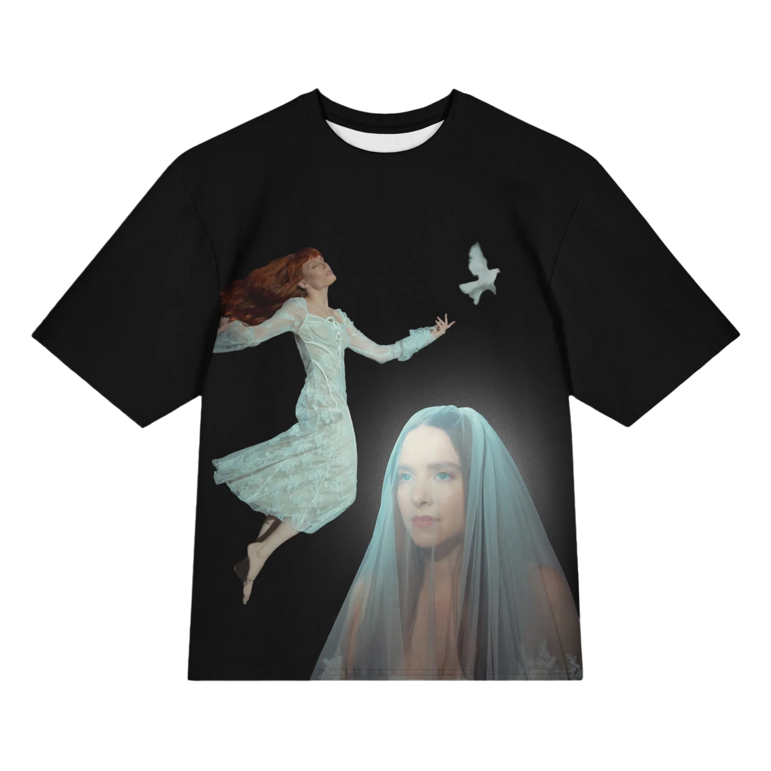Black t-shirt with artistic design of a woman flying with a white dove and a woman with a veil on a black background