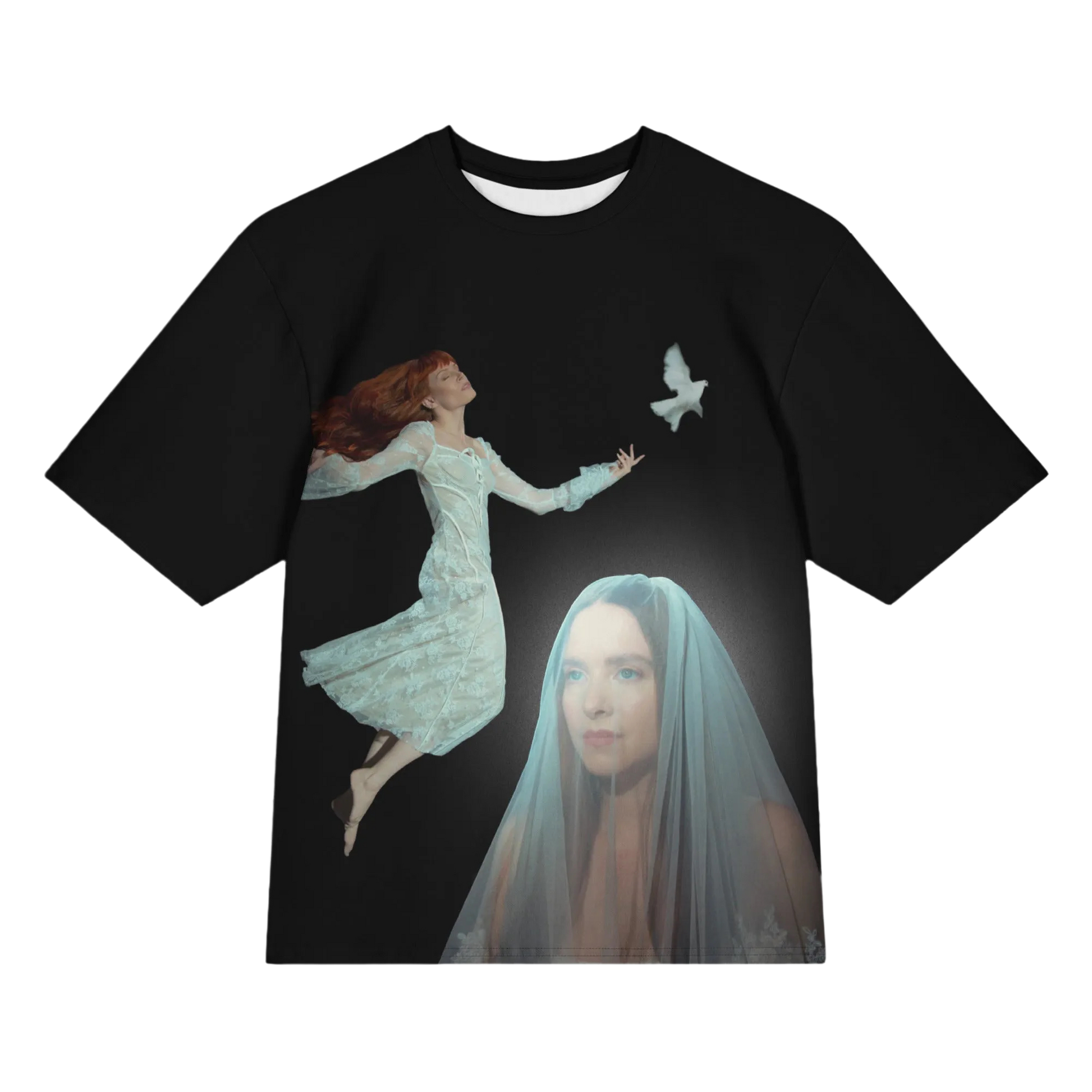Black t-shirt with artistic design of a woman flying with a white dove and a woman with a veil on a black background