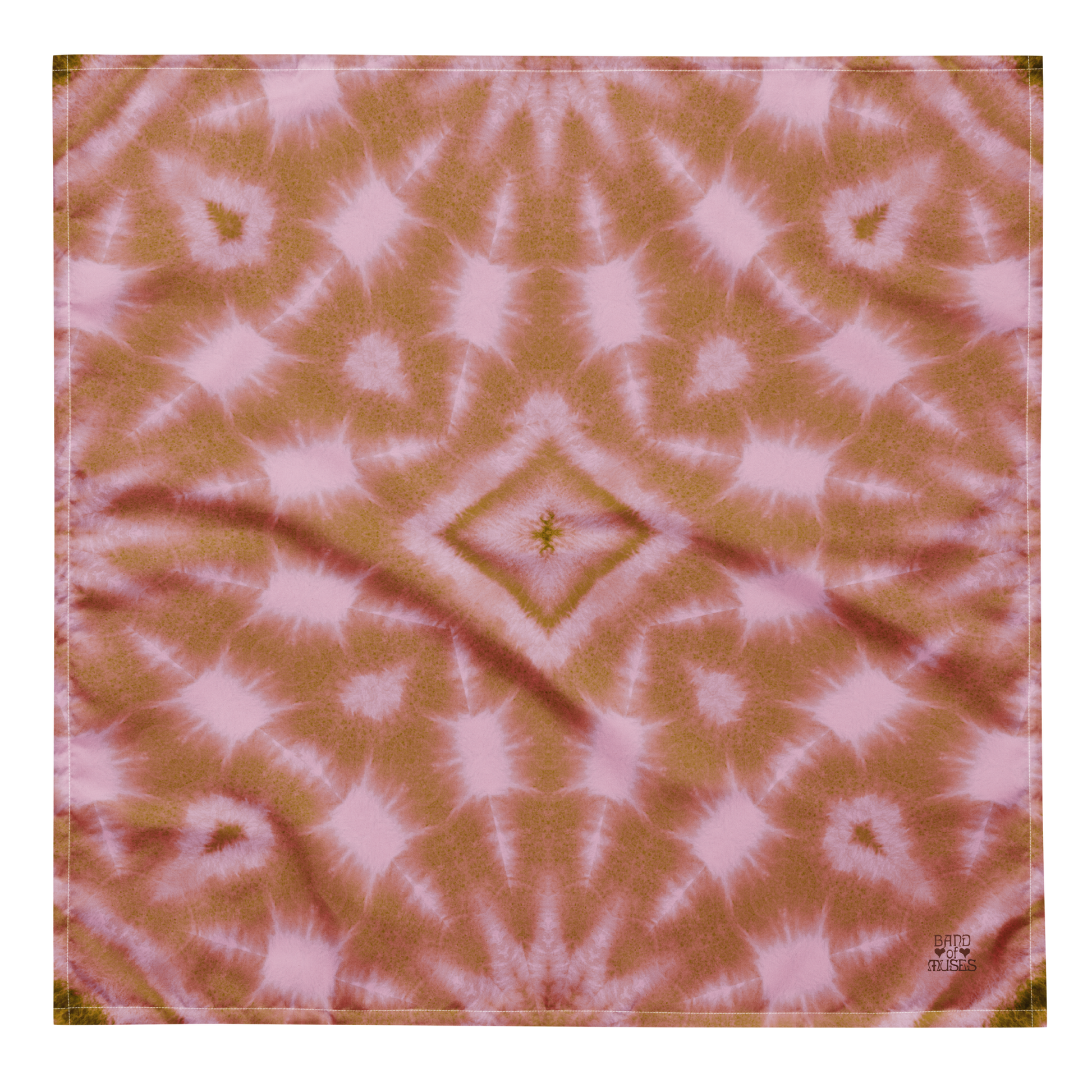 Band of Muses Cinnamon Bandana, featuring a tie-dye patterned fabric with pink and a maroon Band of Muses logo in the corner