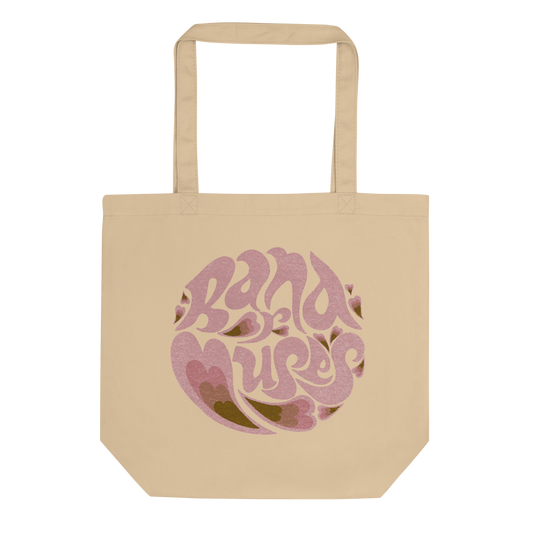 This beige tote features a psychedelic Band of Muses logo with a mauve gradient color. 